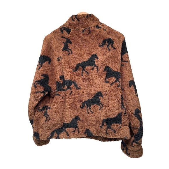NWT Knapp Studio Horse Print Fleece Jacket Brown Black Full Zip Sherpa Large - Picture 4 of 8
